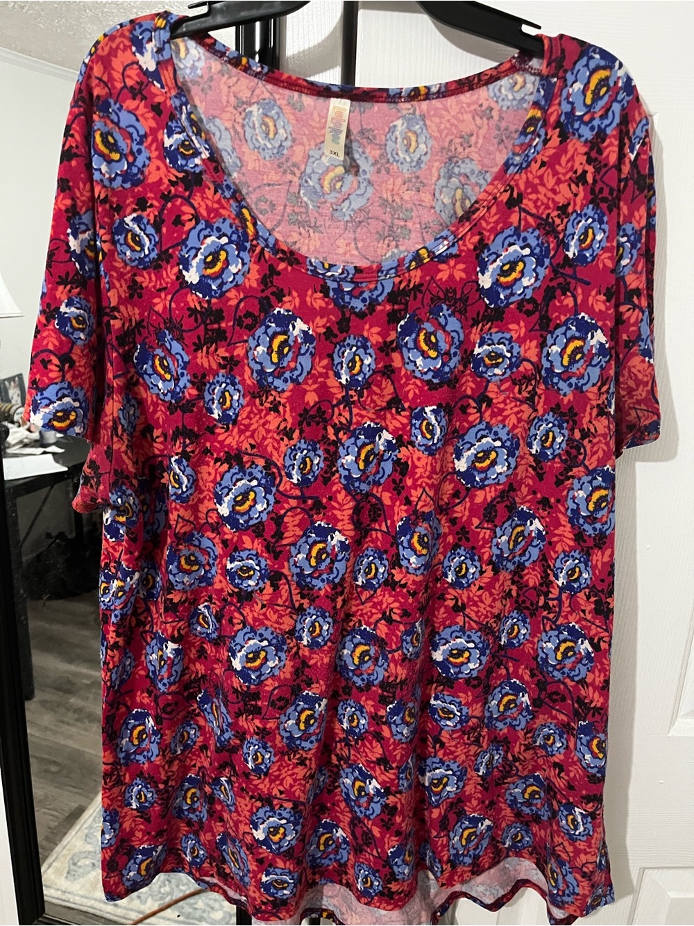 LuLaRoe Red Scoop Neck Top with Blue Floral Print